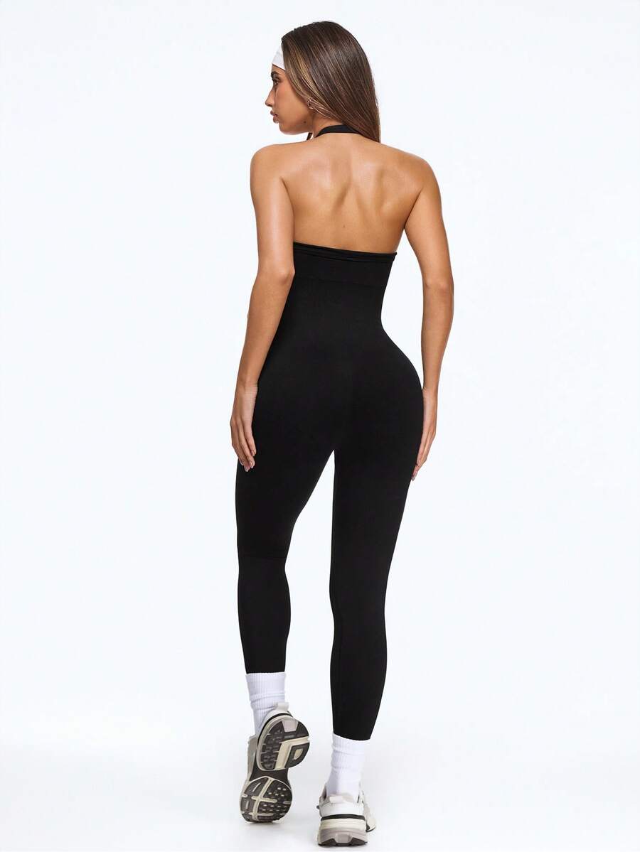 SHEIN Dewbera Bộ đồ liền thân bó sát cổ yếm hở lưng màu trơn - màu đen - Xem 1