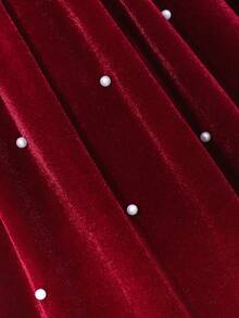 Glamorique Kids Girls' Burgundy Velvet Pearl Embellished Big Bow Decor Flare Sleeve Dress, Sweet & Elegant For Christmas Party & New Year - Burgundy - View 7
