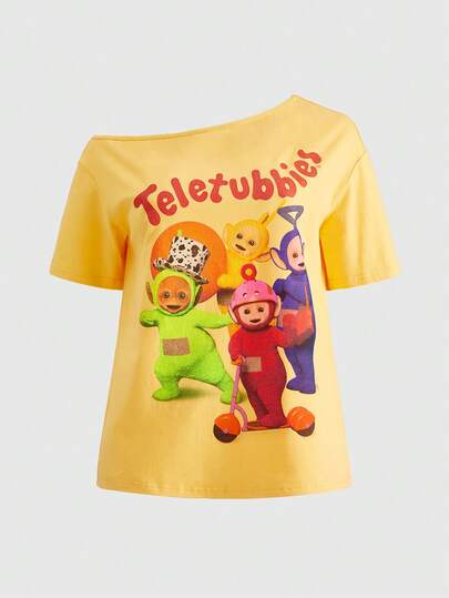 Teletubbies X ROMWE T-shirt ample à col asymétrique avec imprimé de lettre de dessin animé mignon, pour femmes, décontracté, pour tous les jours et les trajets, été