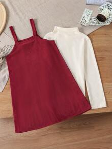 适合少女的两件套，砖红色灯芯绒背带裙，荷叶边下摆，方便穿脱，内搭T恤，可爱、优雅又休闲，适合外出和日常穿着，是圣诞节、活泼女孩、返校季的完美之选，一套迷人的服装。 - 酒紅色 - 查看 2