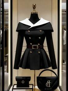 Pariaura Women's Elegant Black And White Color-Blocked Long-Sleeved Coat,Fitted Waist Double-Breasted Metal Buttons Ruffled Hem Office Autumn Jacket,Commuting - Black - View 6