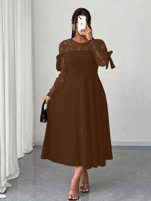 Elenzga Gaun Patchwork Renda Elegan untuk Wanita Ukuran Plus - Coklat - View 3
