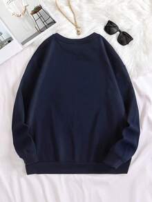 INAWLY Sweatshirt Pullover Wanita Warna Polos Leher Bulat Lengan Panjang Bordir Modis - Navy Blue - View 2