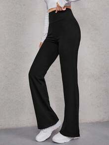 SHEIN EZwear 女士休闲简约百搭黑色马印花喇叭保暖裤，适合秋冬季节、街头风、户外运动等场合。 - 黑色 - 查看 3
