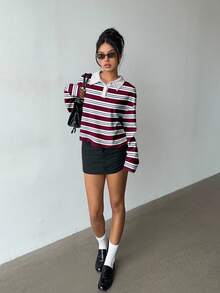 Aloruh 女式秋冬条纹 Polo 衫，二合一复古 Y2K 风格休闲套头衫 - 彩色 - 查看 3