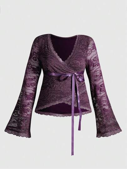 Fairycore Plus Size Versatile Sexy Lace V-Neck Purple Gentle Blouse