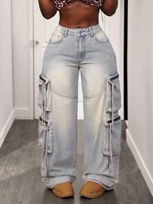 BamGleam Women's Retro High Street Multi-Pocket Cargo Jeans, Loose Wide-Leg Design - Light Wash - View 4
