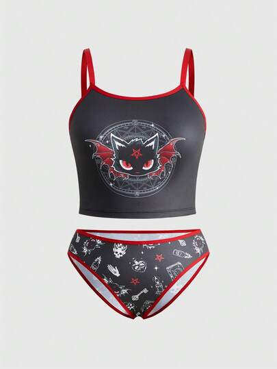 Ensemble de lingerie grande taille avec débardeur et string imprimés de chat gothique démon, astrologie, magie, squelette et étoiles