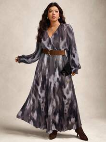 Zelara 大尺碼深灰色秋季優雅滿版印花抽褶豹紋長袖洋裝，秋季婚禮賓客穿搭，商務休閒女款上班洋裝 - 灰色 - 查看 1
