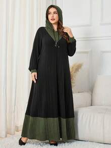 Al Najma Vestido largo casual y versátil de tela de felpa con bloqueo de color, cremallera decorativa y capucha, de alta gama y sofisticado, para mujer, talla grande, adecuado para uso en el hogar, otoño/invierno - Multicolor - Ver 5