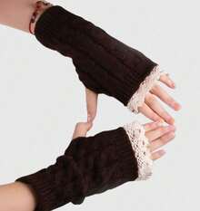 ROMWE Goth 1pair Women Solid Full Finger Gloves - Brown - View 5