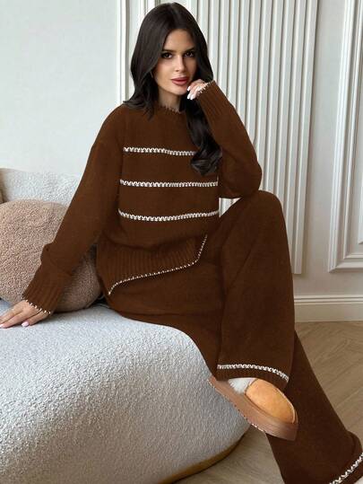 Firerie مجموعة كنزة صوفية كاجوال فضفاضة بألوان متباينة، ملابس علوية طويلة الأكمام بياقة مستديرة وبنطلون مجموعة، مناسبة للربيع والخريف والشتاء، بدلة محبوكة بتشطيب ألوان متباينة، ملابس للربيع والخريف والشتاء، للذهاب للعمل، أنيقة، كاجوال يومي