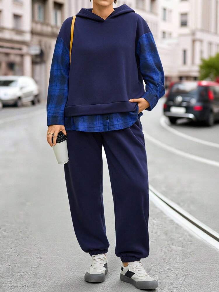 2pcs Plus Size Women Navy Blue Hoodie And Sweatpants Set,Plaid Patchwork Thermal Lined 2 Piece Lounge Sets,Autumn Casual School Back-To-School Outfit