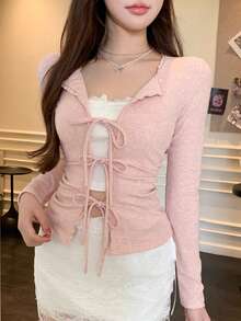 DAZY Áo thun dài tay buộc nơ màu trơn thanh lịch dành cho nữ, mùa thu - Hồng - Xem 5