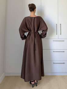 Siren Gaze Women's New Elegant Romantic Casual Urban Commute Elegant Fashion Versatile Coffee Brown Round Neck Batwing Long Sleeve Tie-Waist X-Shaped Regular Fit Dress, Suitable For Teachers, Winter Outfits, Autumn/Winter Wedding Guest Attire, Evening Gown, Brown Dress For Women, Elegant Dress For Women, New Year Dress, Long Brown Dress, Chocolate Brown Dress, Lantern Sleeve Dress, Modest Dress,Long Sleeve Elegant Dress Luxury Dress For Women Long Silk Dress Satin Long Dress Spring - Brown - View 2