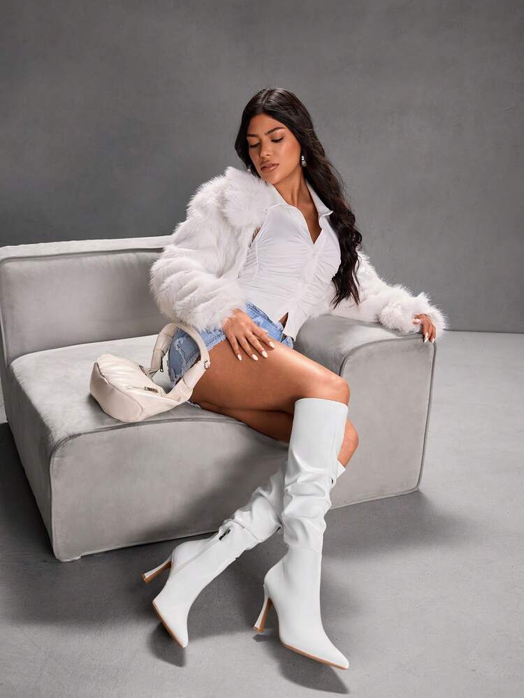 CUCCOO SZL Women's Pointed Toe Stiletto Heel White Stacked Heel Boots, Sexy For Nightclub Party, Knee-High Boots For Christmas Spring Shoes