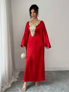 Rafferiza Women's Elegant Lace Trim Batwing Sleeve Party Dress Caftan Dress Kaftans For Women Arabic Dress Luxury Dress For Women Abayas Dubai Luxury - Red - View 5
