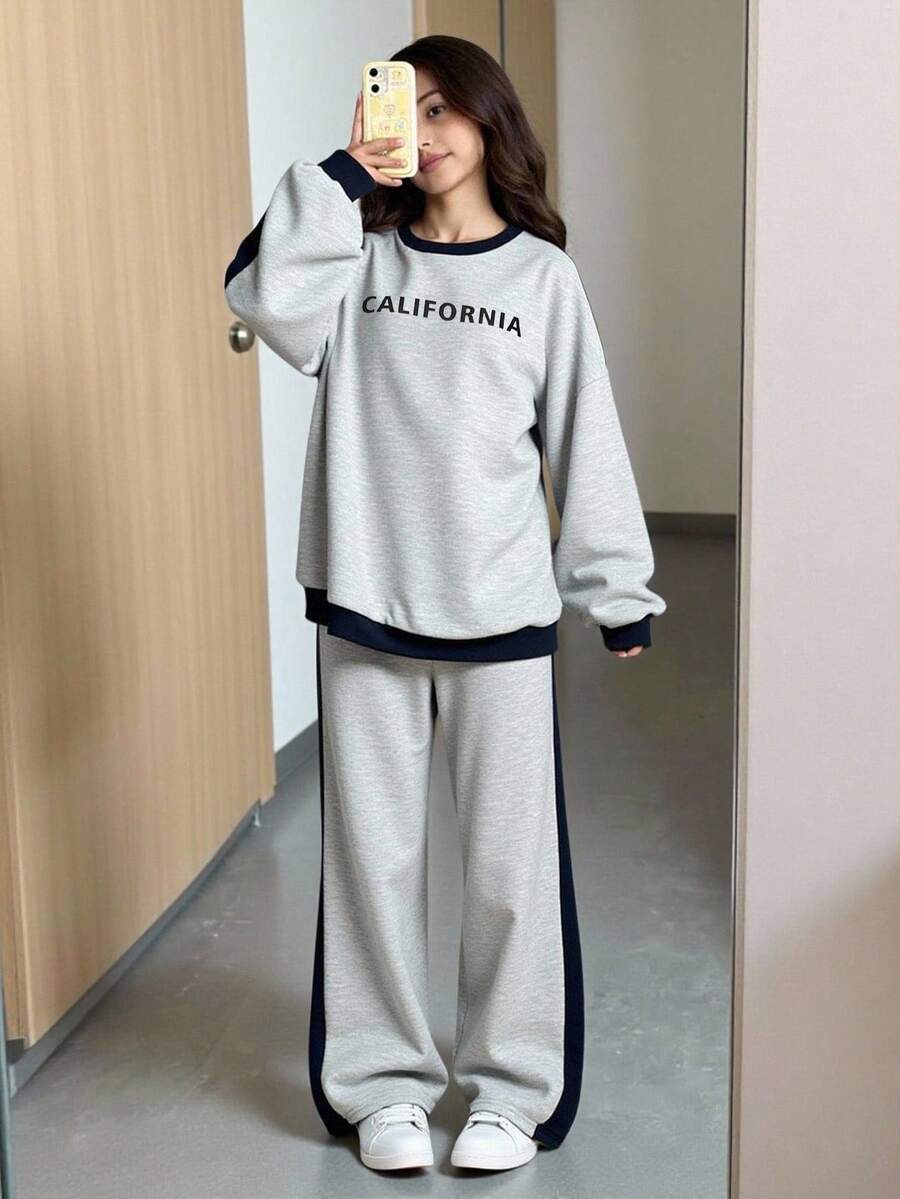 2件套少女休闲运动家居服套装，包括卫衣和阔腿运动裤，撞色宽松圆领长袖连帽衫和裤子，返校套装，灰色和藏蓝色 - 灰色 - 查看 1