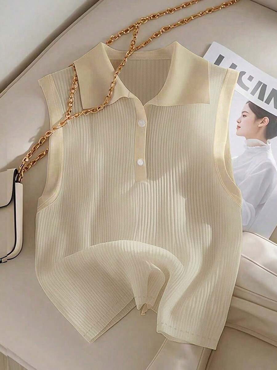 SHEIN LUNE 女士纯色 Polo 领休闲罗纹背心 - 杏色 - 查看 1