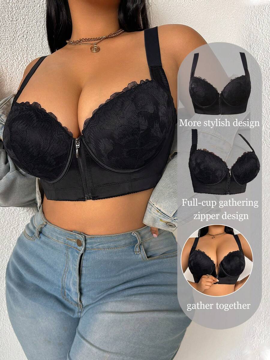 DesireSculpt 1 Áo ngực có gọng màu đen cỡ lớn có khóa kéo phía trước, dây đeo rộng, ren gợi cảm, miếng vá - màu đen - Xem 1