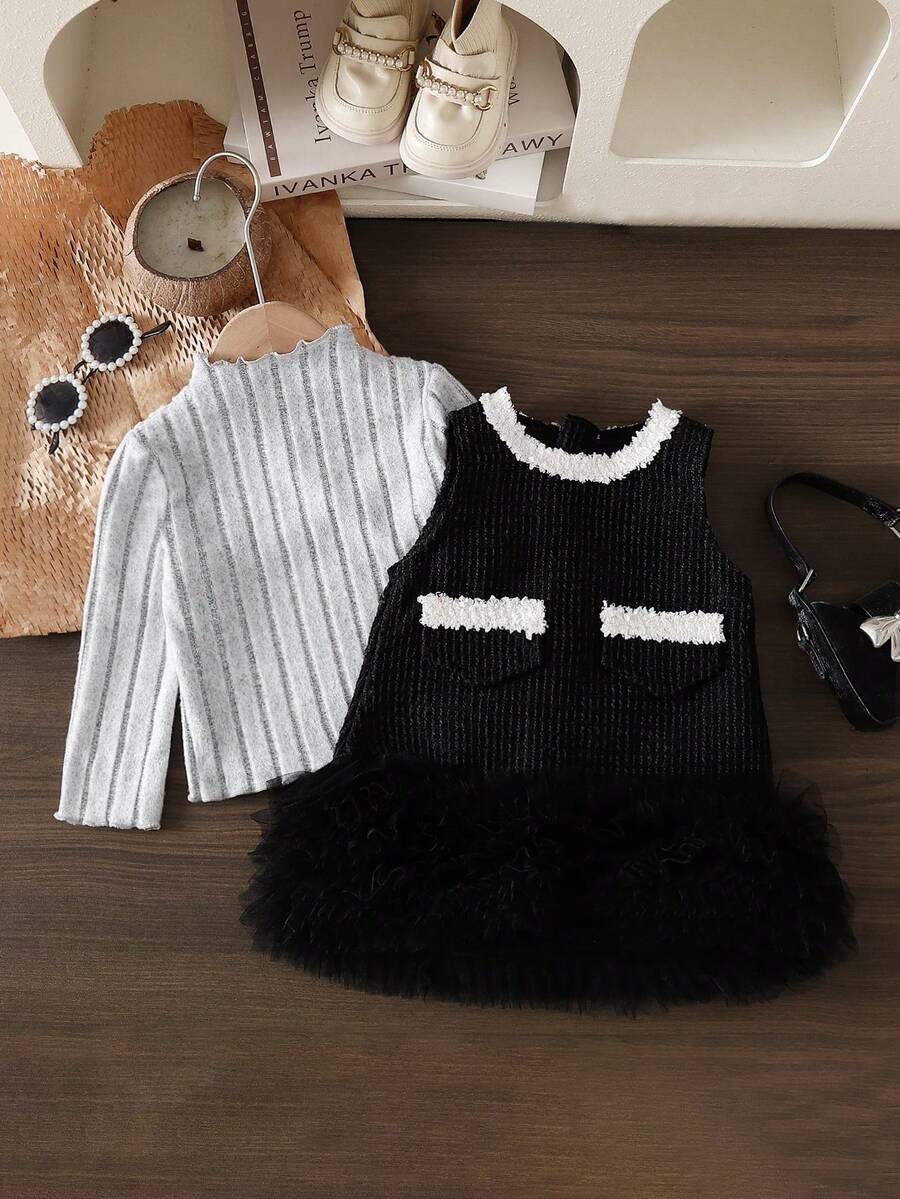 SHEIN Elladie kids 两件套女婴秋冬服装,适合开学季,3个月至3岁,包含一件灰色碎花时尚街头风弹力罗纹高领长袖荷叶边上衣和一件黑色圆领无袖层叠网纱裙,舒适柔软休闲,适合春、秋、冬三季室内外穿着,可作为礼物。 - 彩色 - 查看 1