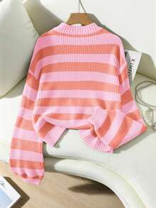 Franclia Casual Loose Fit Striped Lantern Sleeve Sweater With Contrasting Colors,Long Sleeve Tops, Knit Pullover Fall Winter - Multicolor - View 2