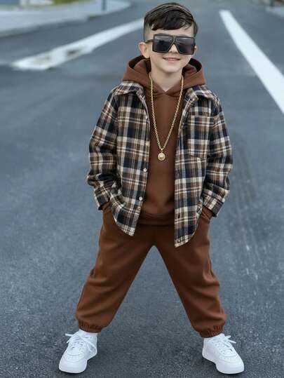 SHEIN 3pcs/Set Tween Boy Casual Plaid Shirt + Hoodie + Brown Jogger Pants Suit, Suitable For School, Home, Daily Wear, Sports, Versatile & Minimalist