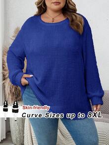 SHEIN CURVE+ 大码户外上衣，大码休闲圆领落肩宽松长袖T恤，秋季大码服装 - 霧霾藍 - 查看 10