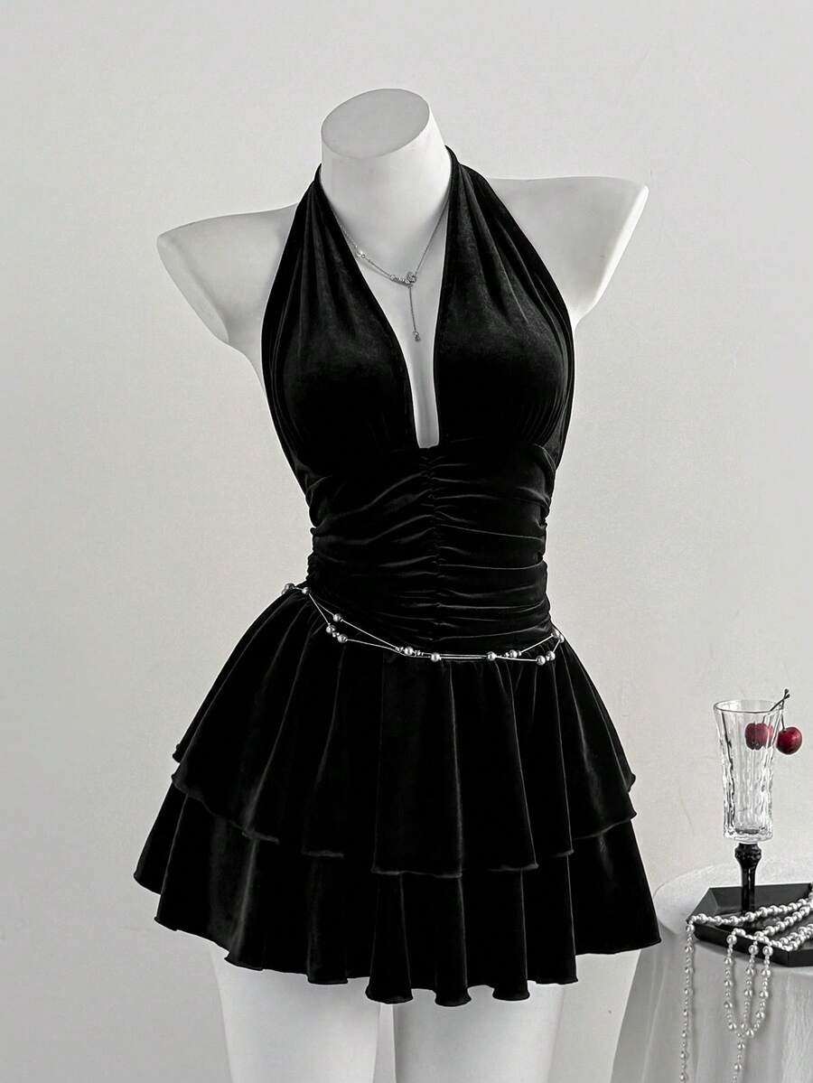 Elamini 黑色丝绒深V领露背褶皱腰部双层荷叶边迷你连衣裙，女士秋冬时尚，适合通勤、上学、毕业典礼、正式派对等场合，优雅、复古、简约、百搭 - 黑色 - 查看 1