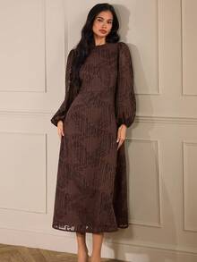 Lilora Đầm dài tay họa tiết jacquard thanh lịch dành cho nữ, trang phục mùa xuân sang trọng và thời trang. - màu nâu - Xem 7