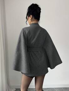 Elenzga Elegant Solid Color Cloak Overcoat For Commuting, Autumn/Winter - Dark Grey - View 2