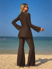 Swim Mulvari Mulvari 女士新款纯色夏季两件套高领长袖褶皱喇叭袖收腰泳衣，保守沙滩罩衫 - 棕色 - 查看 2
