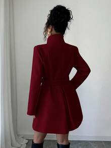 Elenzga 女士立领单排扣收腰中长款大衣 - 紅色 - 查看 2
