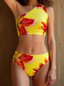 Teen Girl Casual Vacation Tropical Orange Floral Print, Suitable For Summer, Vacation, Beach, Swimming Swimsuits Two Piece Teen Gurls Teen Two Piece Summer 2 Piece Set Summer Vacation Girls 2 Piece High Waist Swimsuit Set - Multicolor - View 7