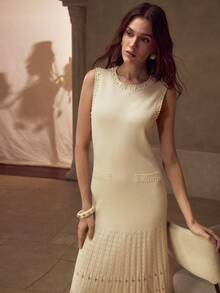 MOTF PREMIUM HOLLOW OUT PLEATED SWEATER DRESS - White - View 6