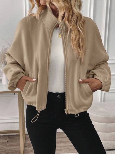 Easowa Damen Reißverschluss Kordelzug Langarm Warm Fleece Modisch Lässig Stehkragen Sweatshirt Khaki Reißverschluss für Herbst/Winter, Reißverschluss Sweatshirt