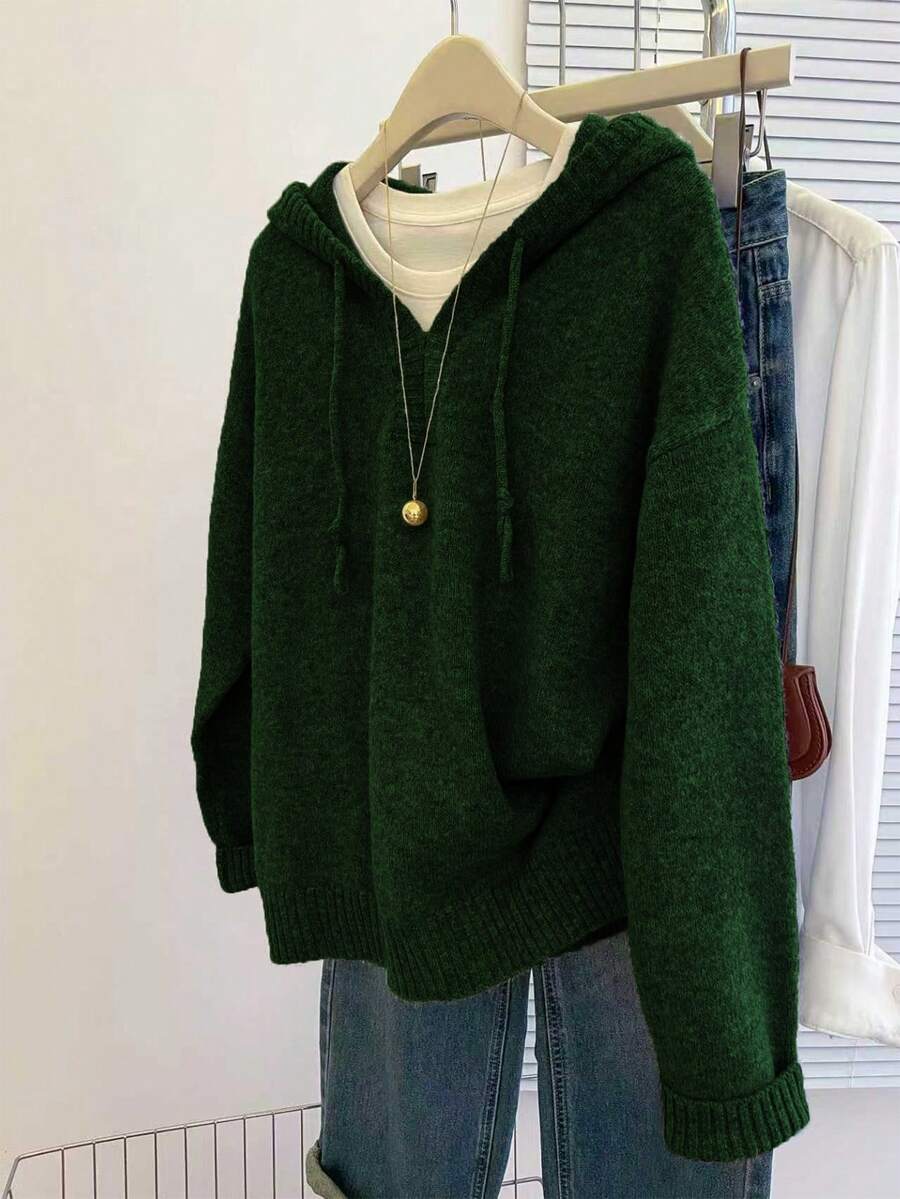 SHEIN Franclia Áo len dệt kim dài tay có mũ dáng rộng màu xám cơ bản dành cho nữ, mùa thu/đông - xanh quân đội - Xem 1