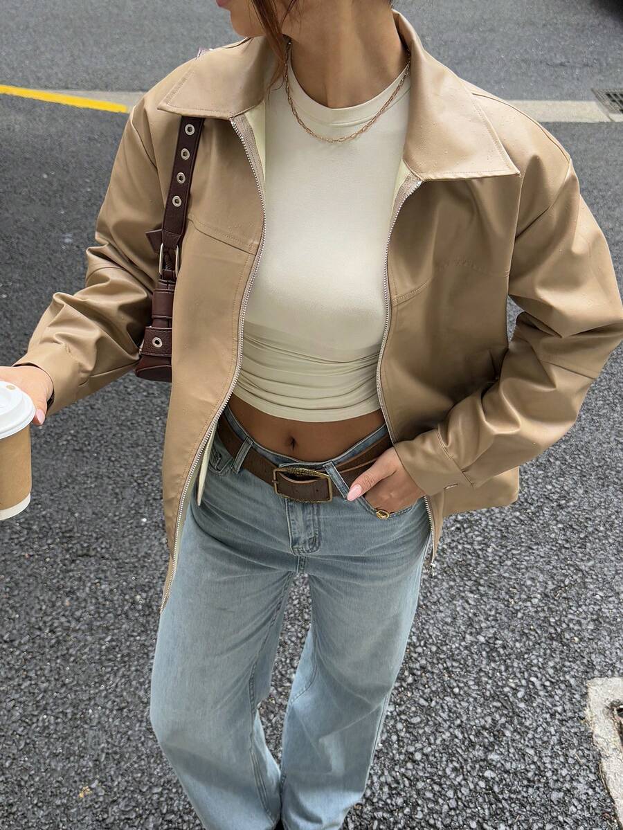 SHEIN Unity Jaket Wanita Lengan Panjang Polos Minimalis Bahan PU untuk Sehari-hari - Khaki - View 1