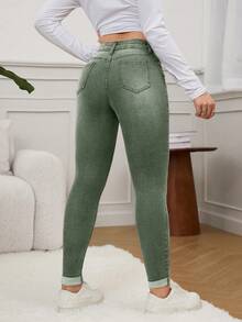 SHEIN EZwear 女式修身百搭休闲春季高腰破洞紧身牛仔裤 - 綠色 - 查看 2