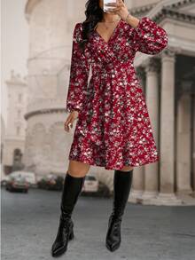 EMERY ROSE Plus Size Women Floral Print Surplice Shirred Lantern Sleeve Cinched Waist Dress - Multicolor - View 3