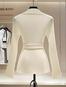 Franclia Women's Winter Solid Color V-Neck Long Sleeves Metal Buckle Belt Waist Elastic Knitted Pullover Sweater, Winter Cozy Fall And Winter - Apricot - View 2