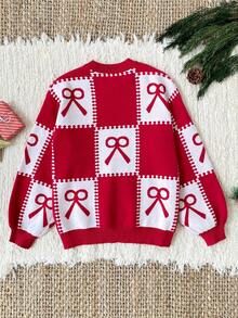 Girls' Red Plaid Bow Decor Round Neck Long Sleeve Sweater Fall Winter - Red - View 2