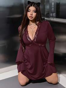 SHEIN EZwear Váy dài tay hở vai cổ chữ V sâu phối ren màu trơn cỡ lớn gợi cảm - Màu Đỏ Sâu - Xem 4