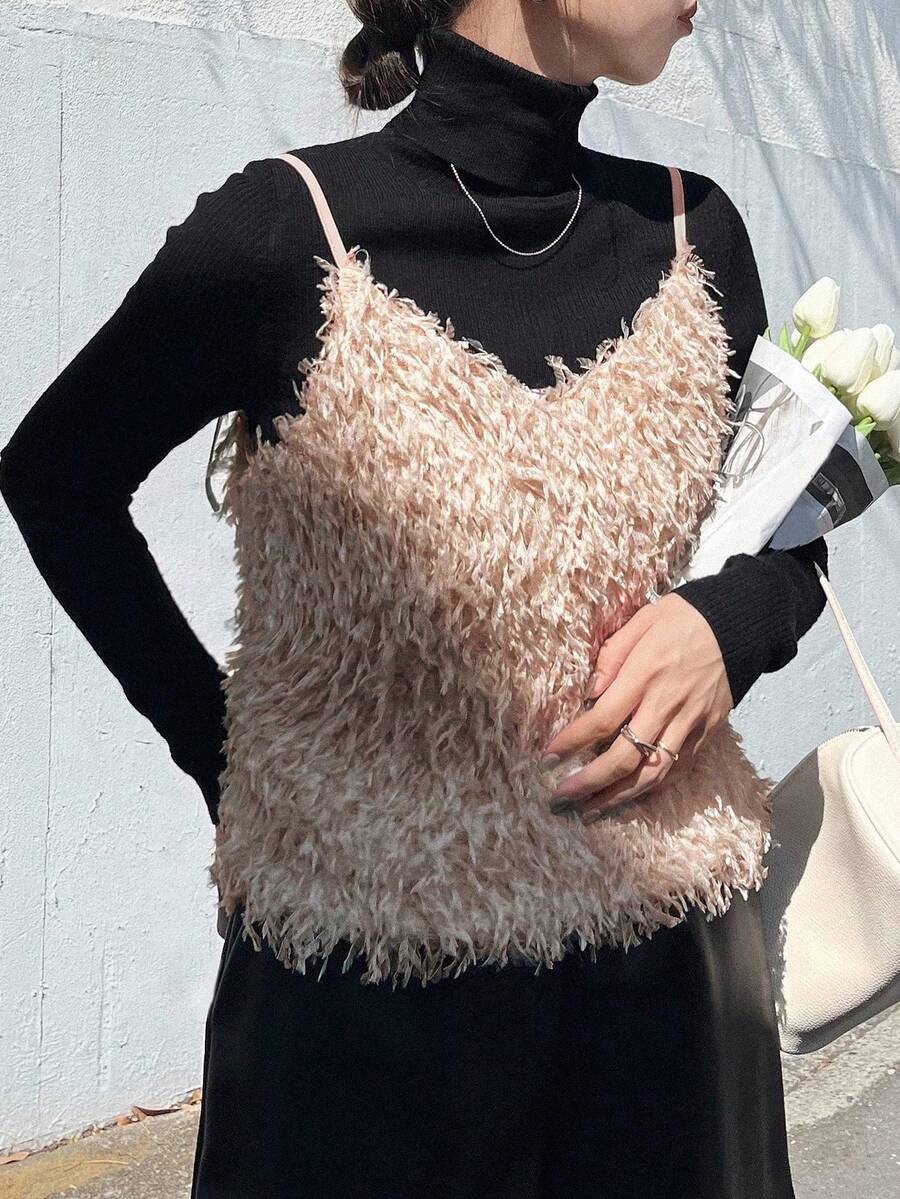 FRIFUL 女式纯米色绒毛面料多层修身吊带背心，适合机场旅行休闲装，秋季 - 卡其色 - 查看 1