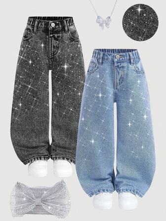 Set de 2 pantalones vaqueros de pierna ancha y suelta con adornos de strass para niñas, azul y negro