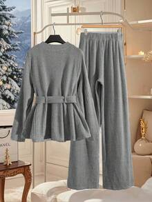 SHEIN Clasi Women's Button Waist Belt Round Neck Top And Wide Leg Pants 2 Pieces Set, Autumn/Winter Fall - Grey - View 2