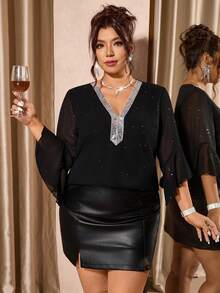 Cravure Plus Size Women Luxury Elegant Asymmetrical Sleeve Sequin Patchwork Top Fall - Black - View 5