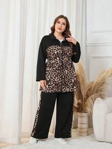 Modelyn Pantalon long femme à taille cintrée avec imprimé léopard et patchwork, ensemble deux pièces polyvalent pour un port quotidien, grande taille, automne/hiver - Multicolore - Voir 4