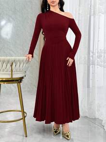 Feyla 优雅褶皱不对称下摆长袖连衣裙，适合日常穿着和聚会场合。 - 酒紅色 - 查看 6