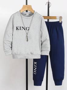 SHEIN 4-7岁儿童春秋季两件套，长袖上衣印有字母图案，圆领设计，休闲运动裤，适合上学、通勤、运动、度假、圣诞节、万圣节等场合。 - 藍色 - 查看 3